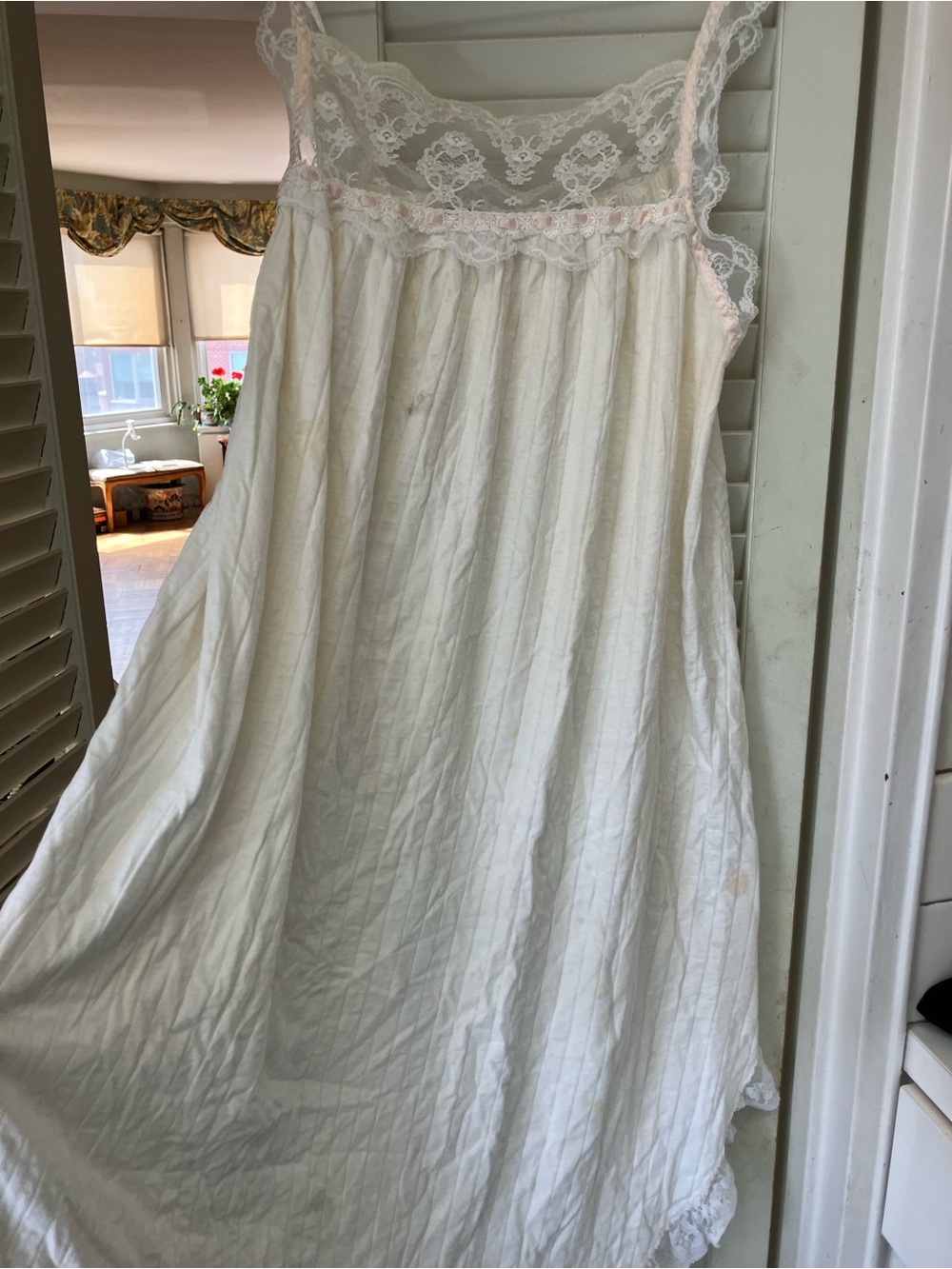 Vintage White Lace Trim Nightgown with Pink Accents